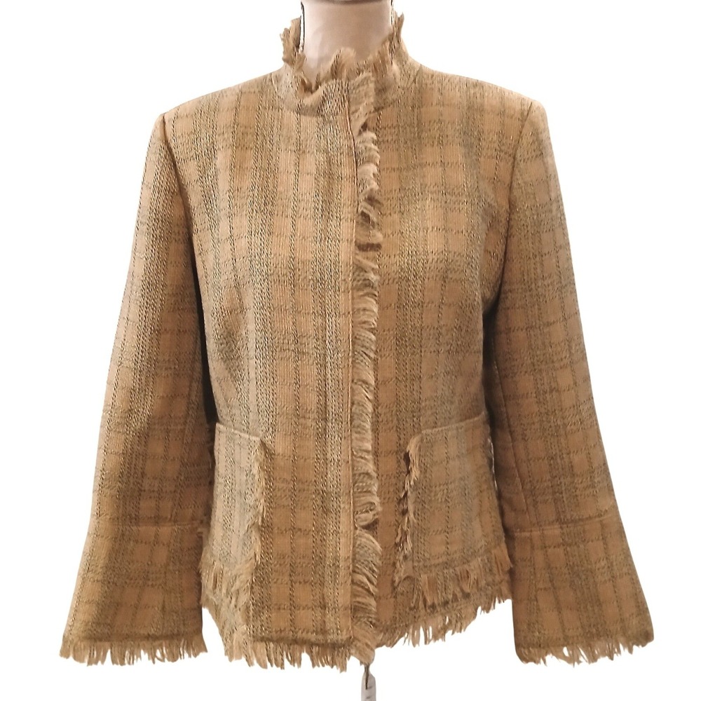 Vtg 100% Wool Full Zip Tan Green Plaid Tweed Fringe Blazer Jacket Frayed Size 12